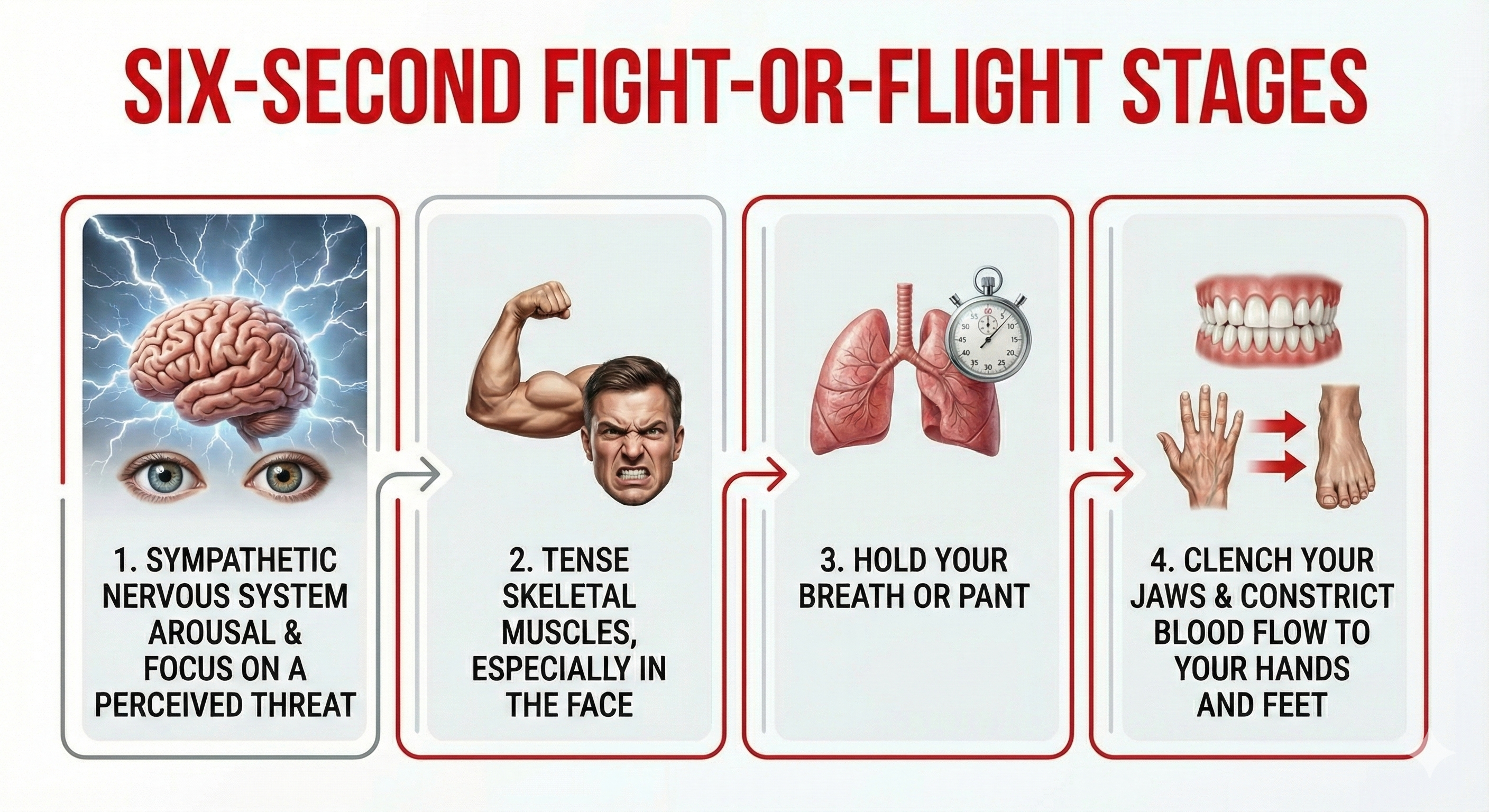 Diagram of the four stages of the six-second fight-or-flight response